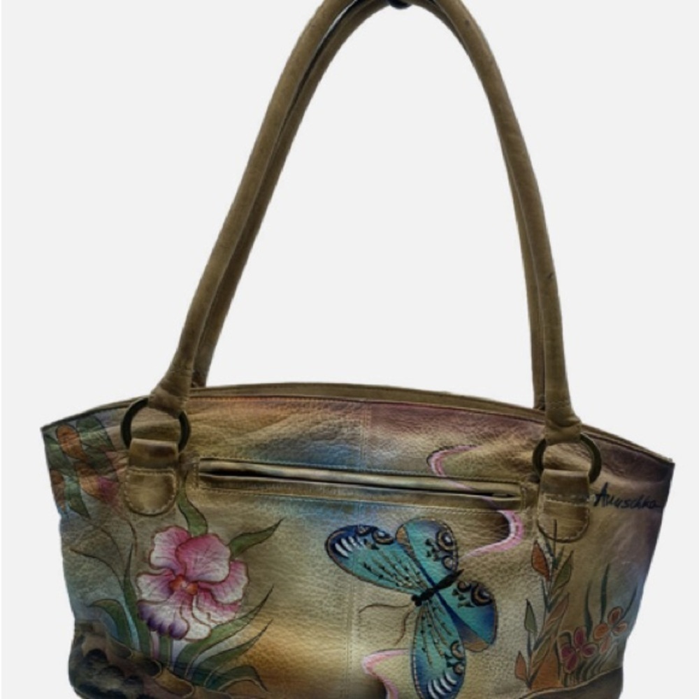 VTG Anuschka Hand Paint Flower Butterflies Leather Double Strap HandBag Satchel - Picture 12 of 12